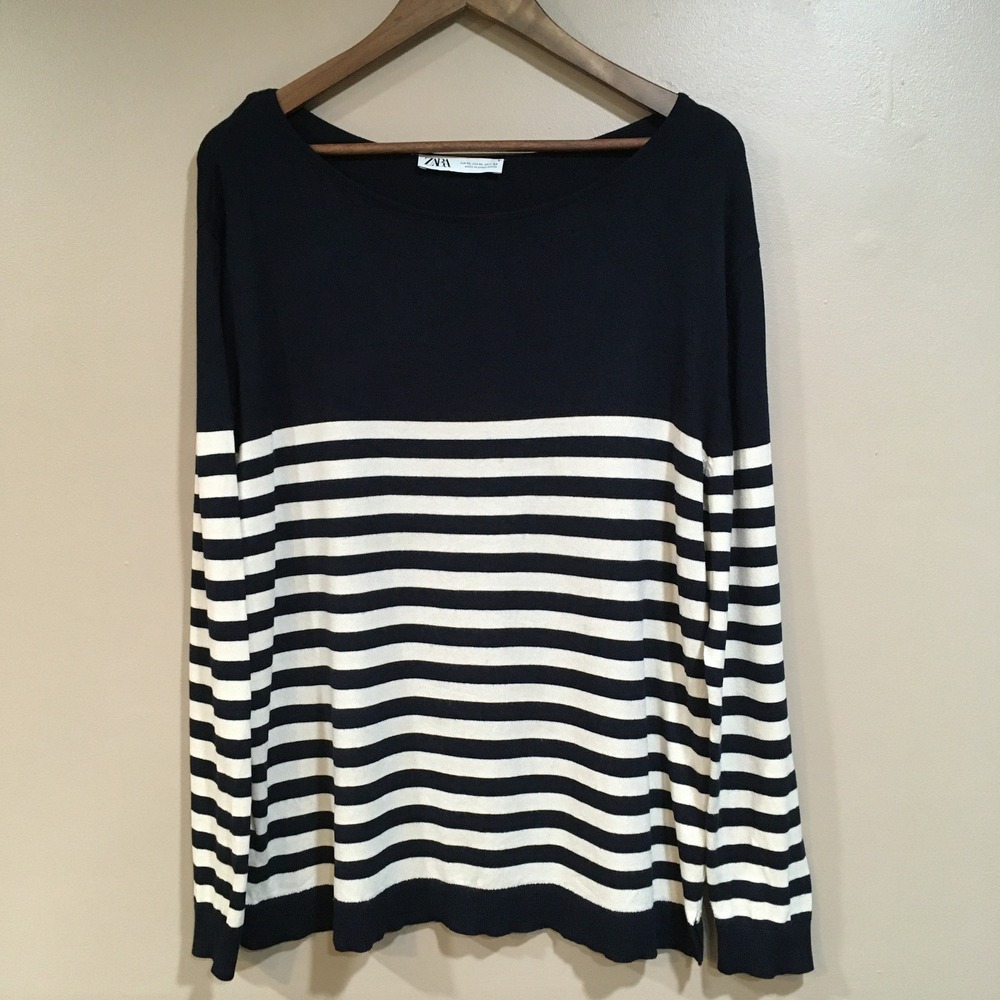 Zara Navy White Stripe Boat Neck Sweater Womens XL Nautical Coastal Fisherman